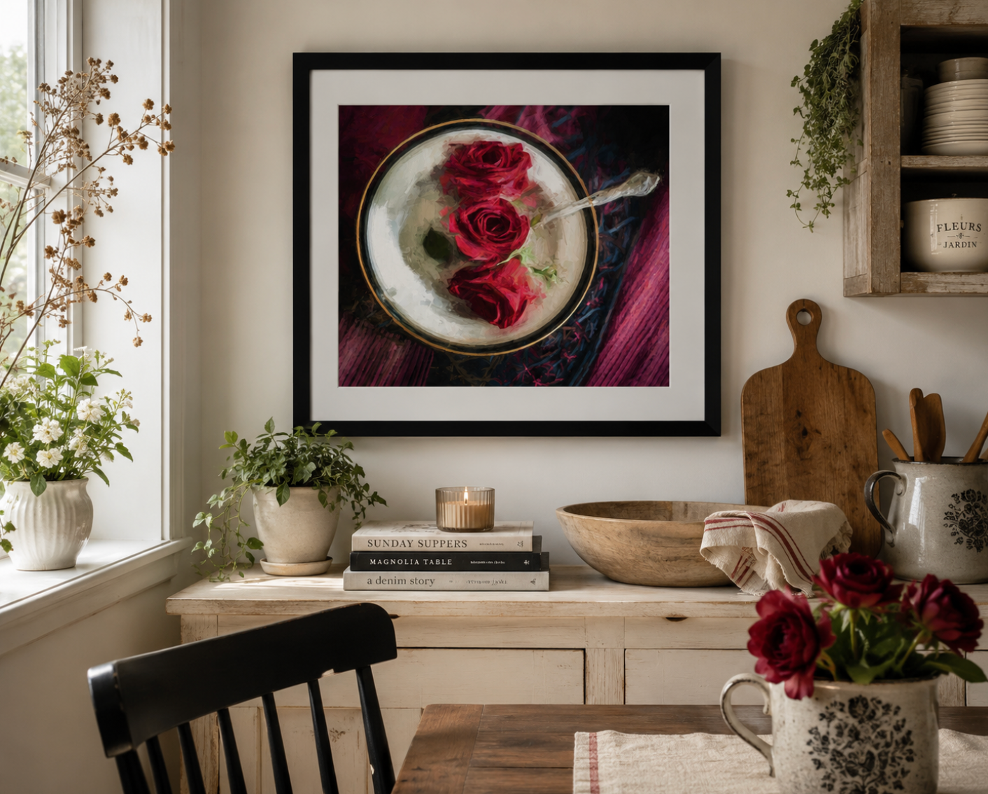Rose Soup – Handcrafted Fine Art Floral Photography Print | Original Pixel-Edited Rose Still Life | Romantic Cottagecore Kitchen & Dining Room Wall Art | Instant Digital Download