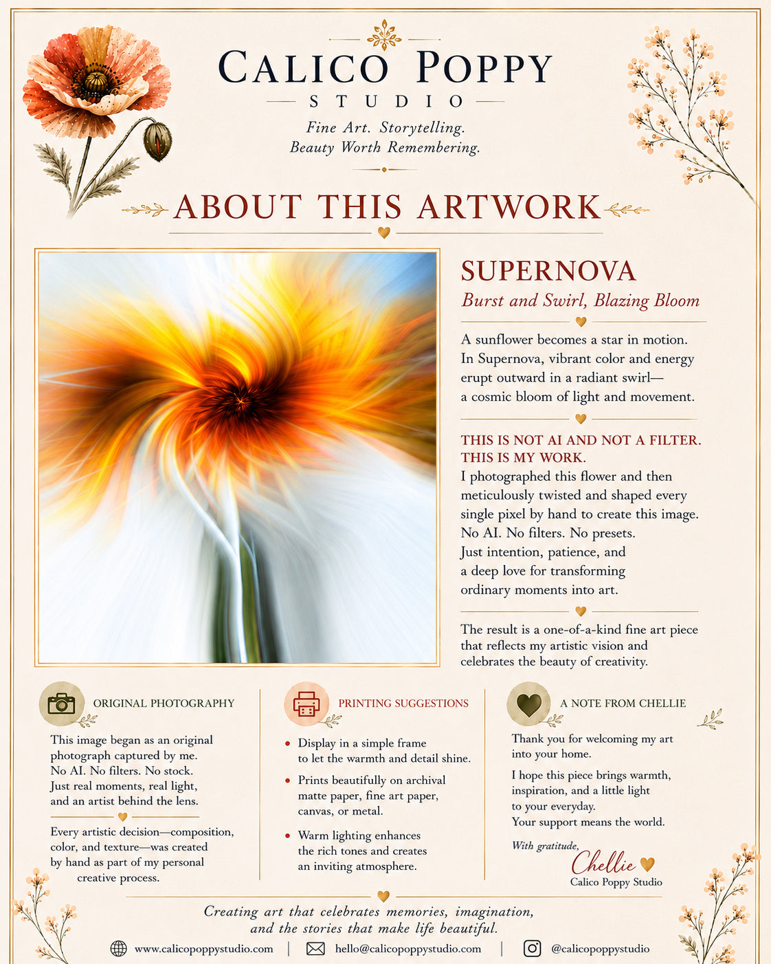 Supernova – Burst and Swirl, Blazing Bloom | Handcrafted Fine Art Sunflower Photography Print | Original Pixel-Edited Floral Abstract Wall Art | Instant Digital Download