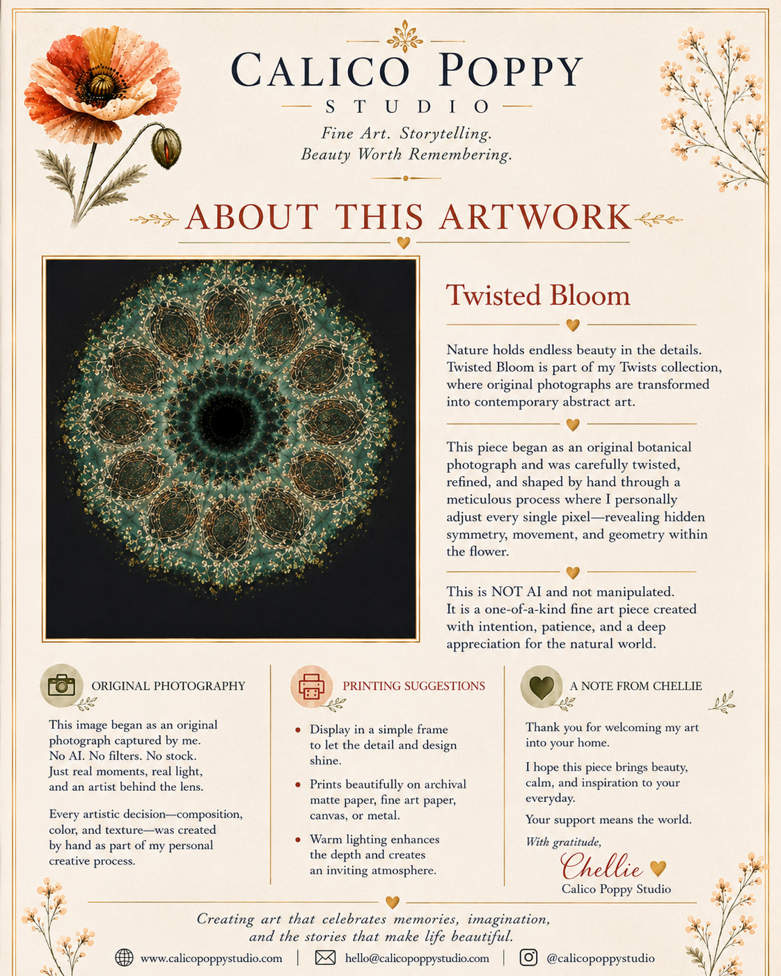 Twisted Bloom – Handcrafted Botanical Mandala Fine Art Print | Geometric Floral Wall Art | Original Photo Manipulation by Calico Poppy Studio