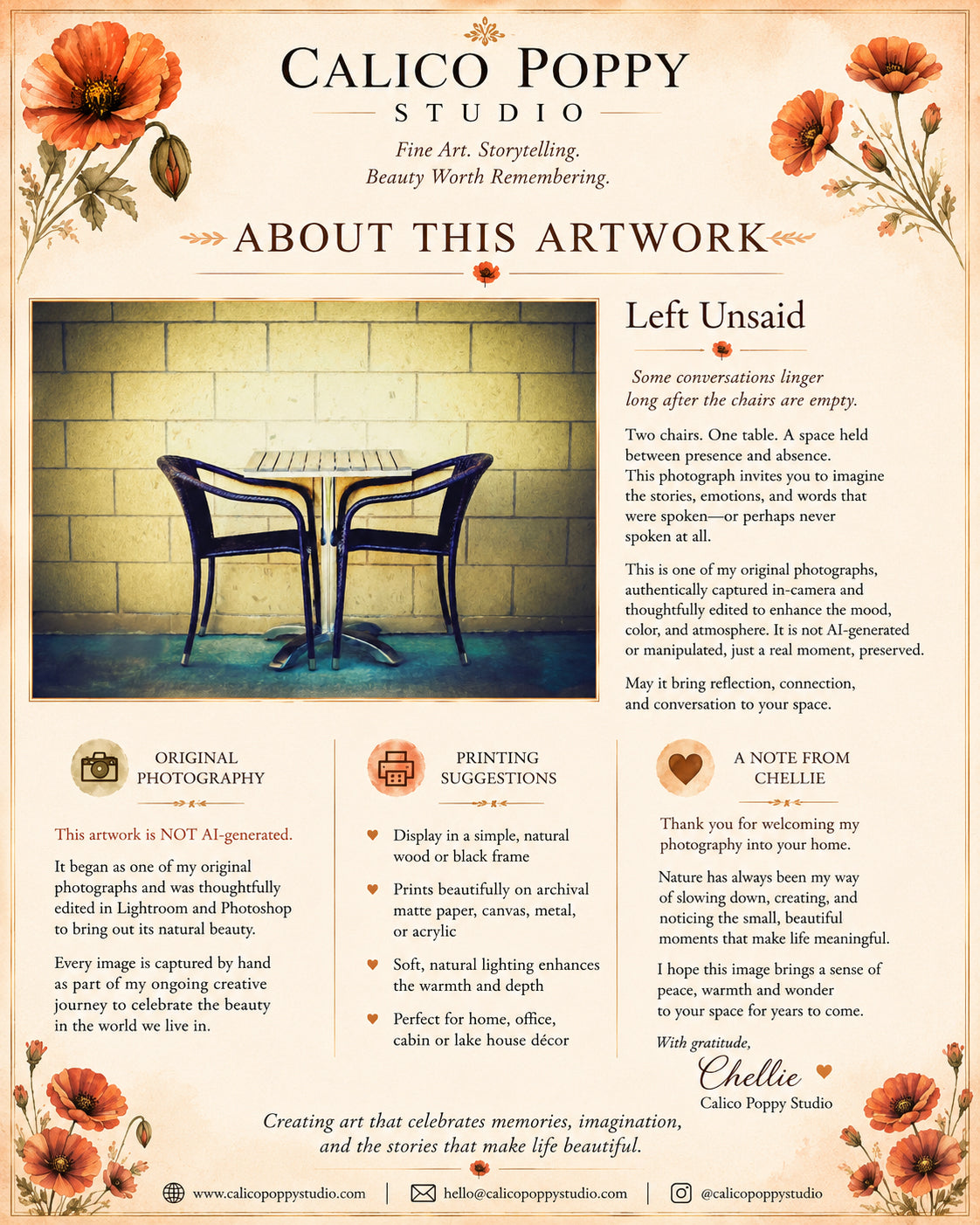 Left Unsaid | Fine Art Photography of Empty Chairs | Thoughtful Storytelling Wall Art | Original Photography Digital Download