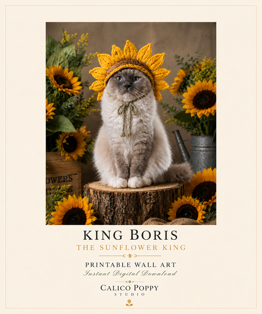 King Boris Sunflower Cat Printable Wall Art | Ragdoll Cat in Sunflower Hat | Cottagecore Cat Decor | Farmhouse Wall Art | Instant Digital Download