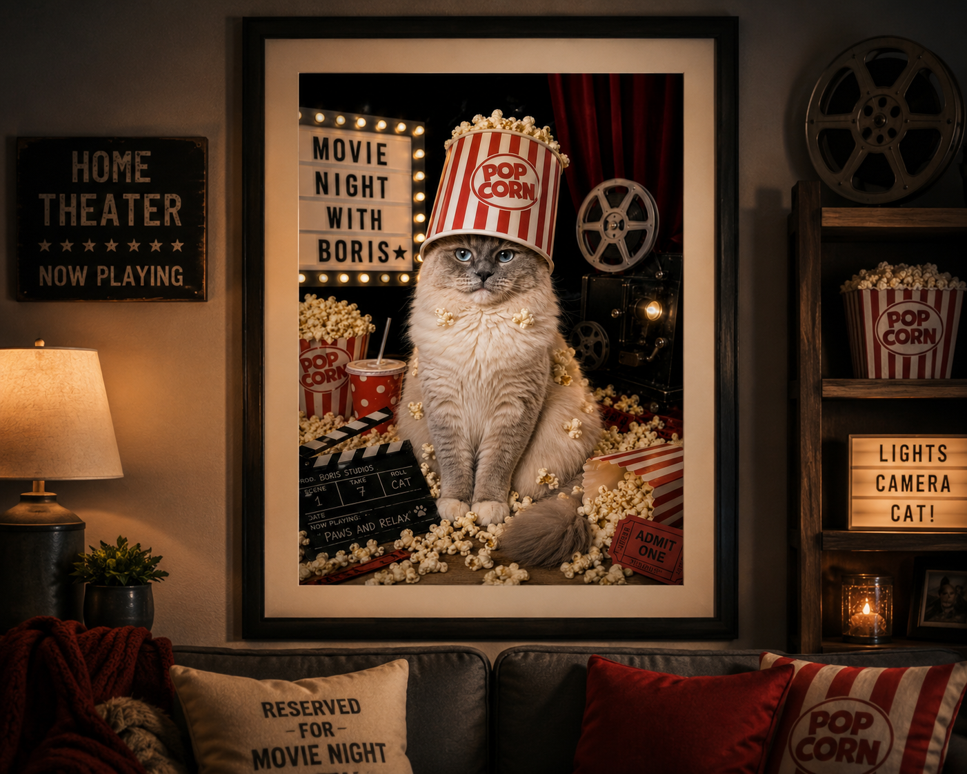 Movie Night with King Boris Funny Ragdoll Cat Printable Wall Art Instant Digital Download Popcorn