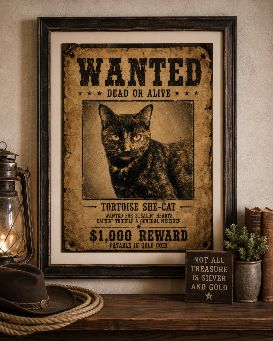 Wanted: Queenie the Street-Wise Tortoiseshell Cat | Vintage Western Printable Wall Art