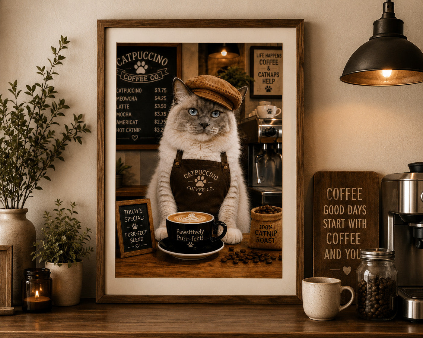 ☕ King Boris the Catpuccino Barista – Instant Digital Download Ragdoll cat printable wall art