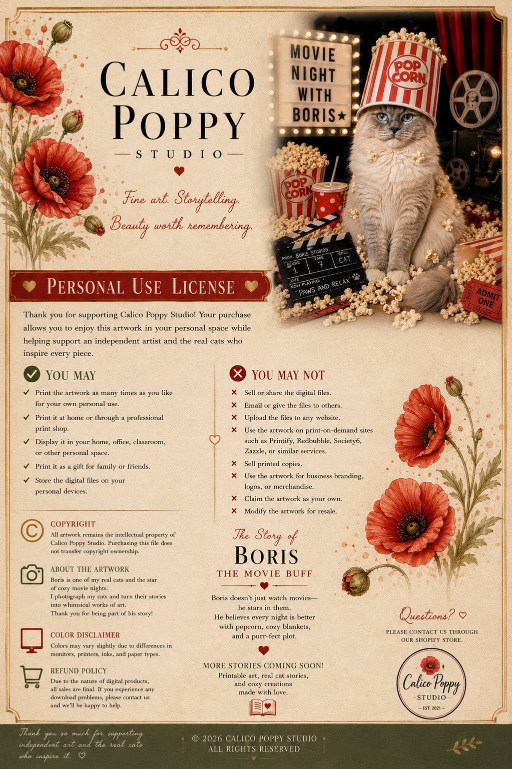 Movie Night with King Boris Funny Ragdoll Cat Printable Wall Art Instant Digital Download Popcorn