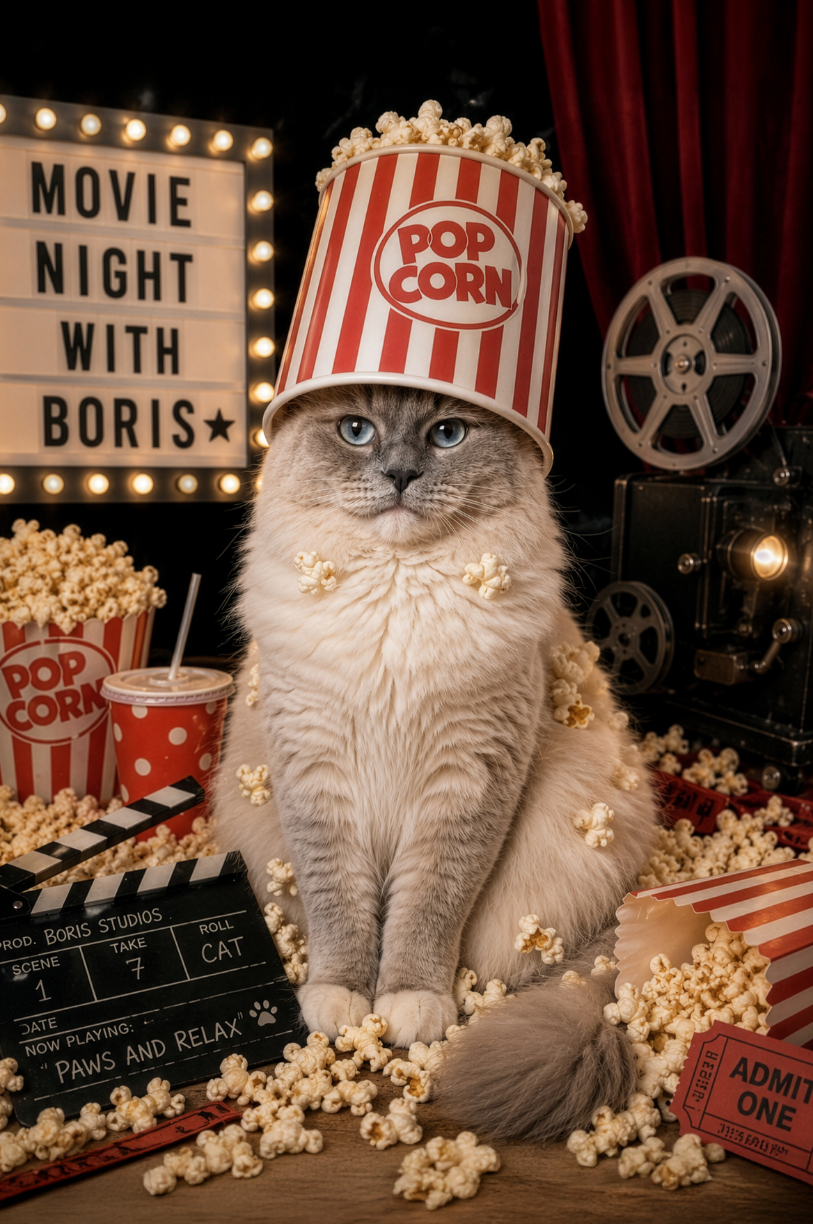 Movie Night with King Boris Funny Ragdoll Cat Printable Wall Art Instant Digital Download Popcorn