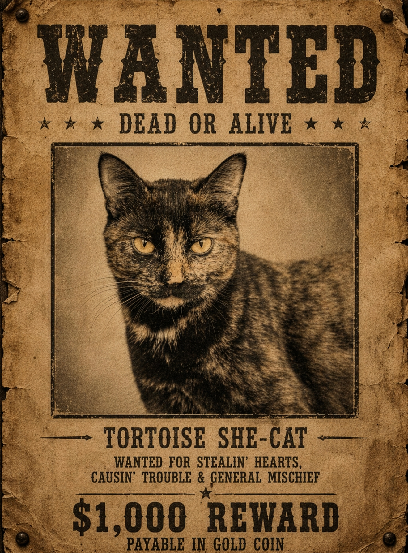 Wanted: Queenie the Street-Wise Tortoiseshell Cat | Vintage Western Printable Wall Art