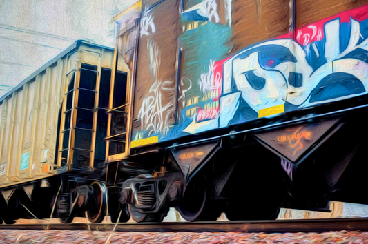Silver Rain, Blue Lines | Industrial Train Photography | Graffiti Railroad Fine Art Print