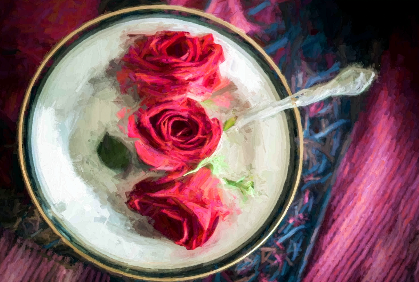 Rose Soup – Handcrafted Fine Art Floral Photography Print | Original Pixel-Edited Rose Still Life | Romantic Cottagecore Kitchen & Dining Room Wall Art | Instant Digital Download
