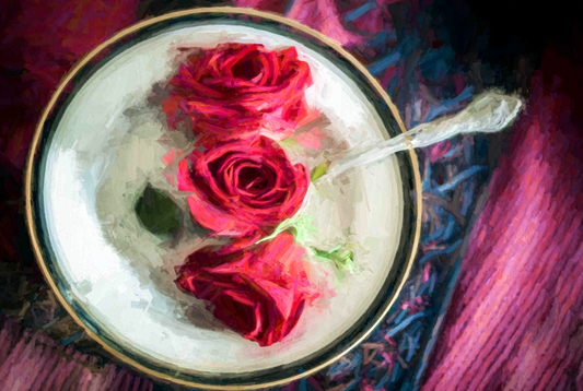Rose Soup – Handcrafted Fine Art Floral Photography Print | Original Pixel-Edited Rose Still Life | Romantic Cottagecore Kitchen & Dining Room Wall Art | Instant Digital Download