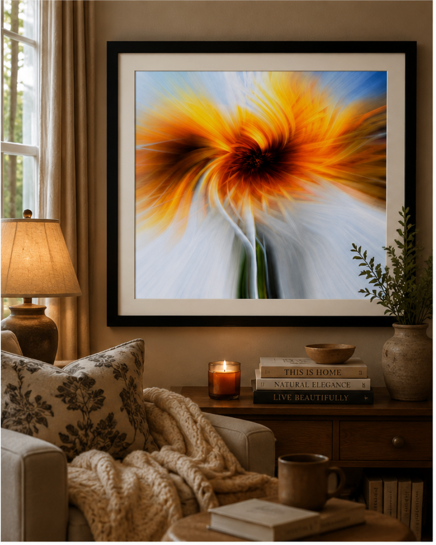 Supernova – Burst and Swirl, Blazing Bloom | Handcrafted Fine Art Sunflower Photography Print | Original Pixel-Edited Floral Abstract Wall Art | Instant Digital Download