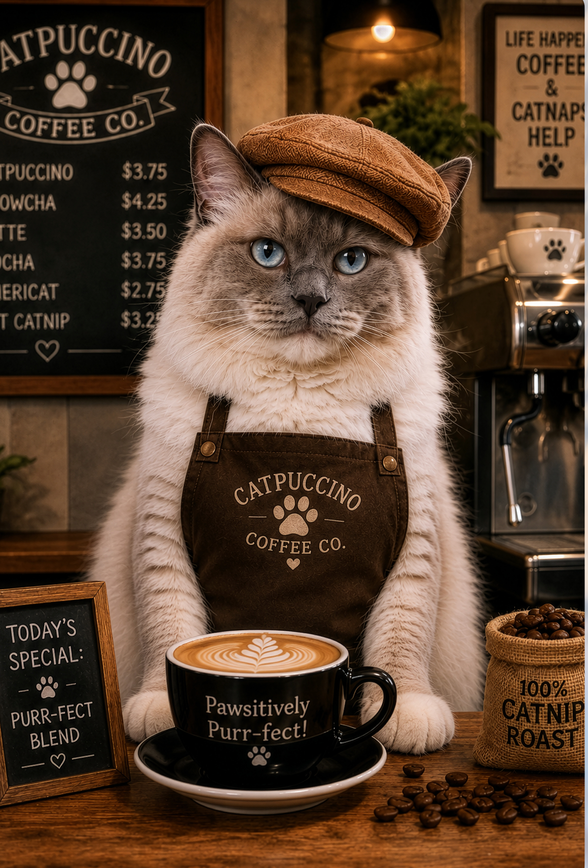 ☕ King Boris the Catpuccino Barista – Instant Digital Download Ragdoll cat printable wall art