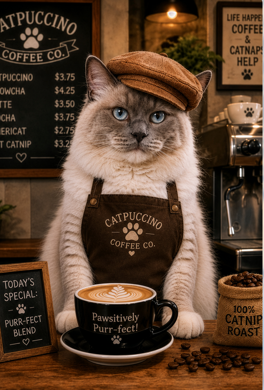 ☕ King Boris the Catpuccino Barista – Instant Digital Download Ragdoll cat printable wall art