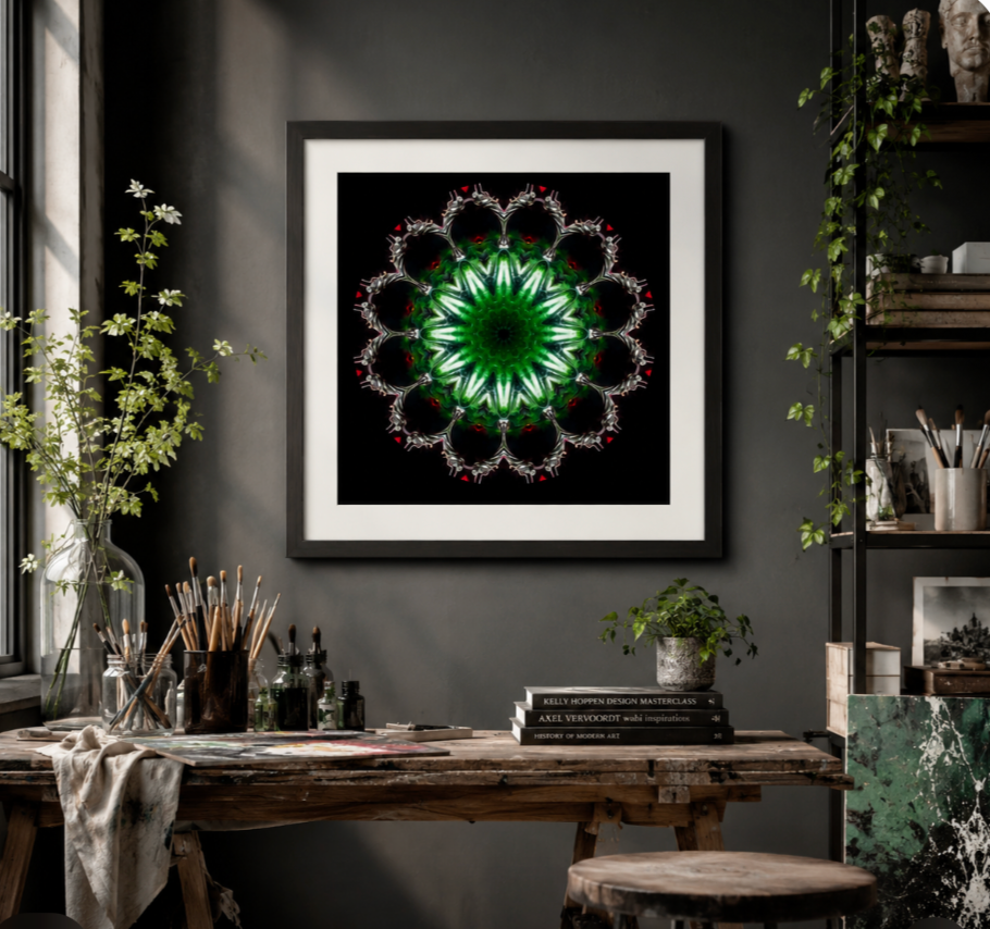 Emerald Cathedral – Luminous Green Mandala Fine Art Print | Handcrafted Abstract Photography | Square Wall Art for Home & Meditation Spaces