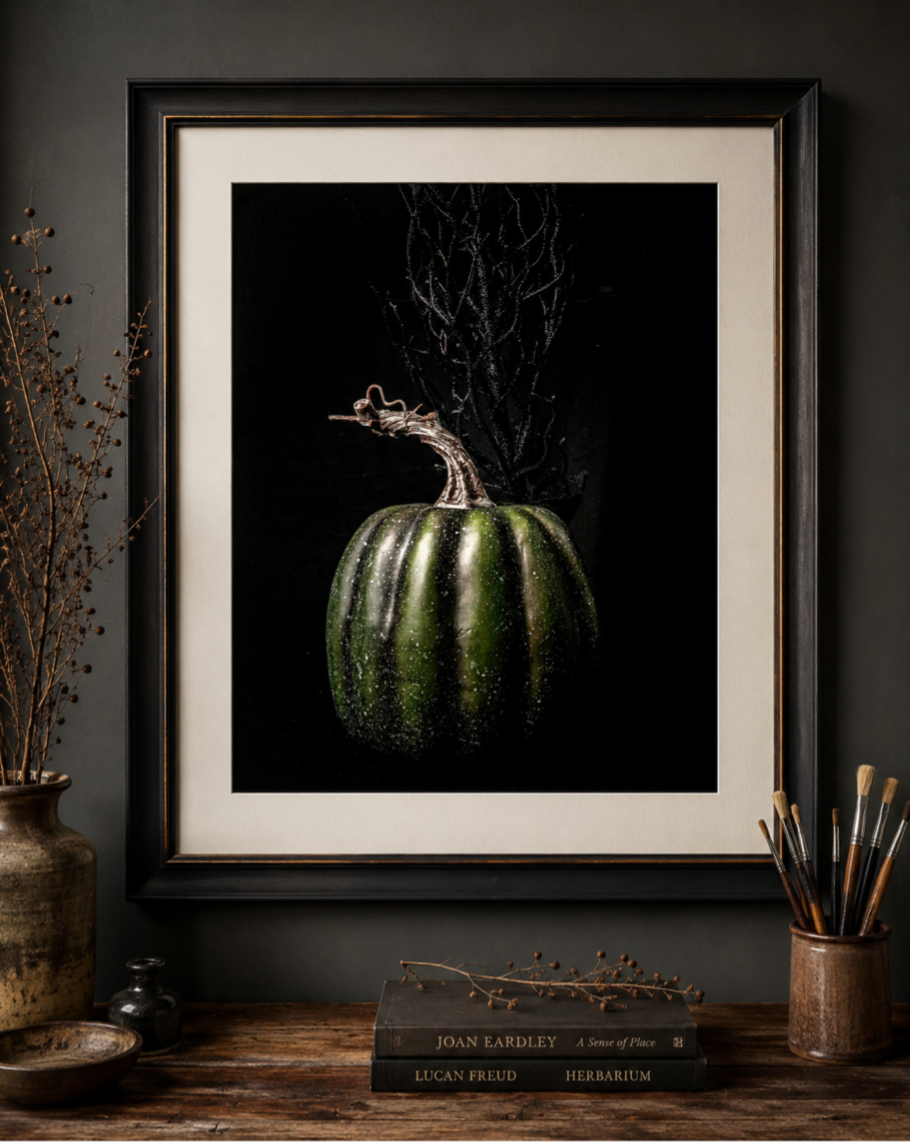 Emerald Twist – Moody Green Pumpkin Still Life Fine Art Photography Print | Botanical Rustic Wall Art | Original Handcrafted Photography