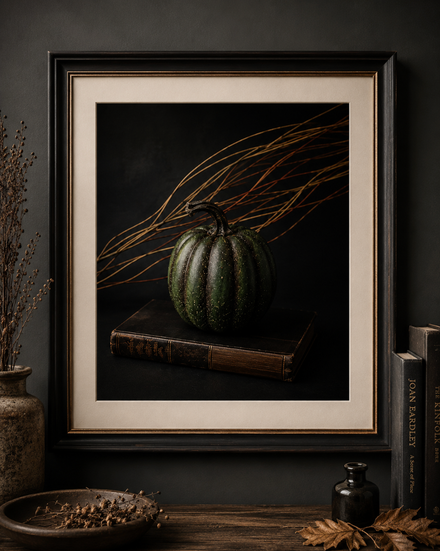 Emerald Wind – Moody Green Pumpkin Still Life Fine Art Print | Botanical Photography | Elegant Rustic Wall Art for Home & Office