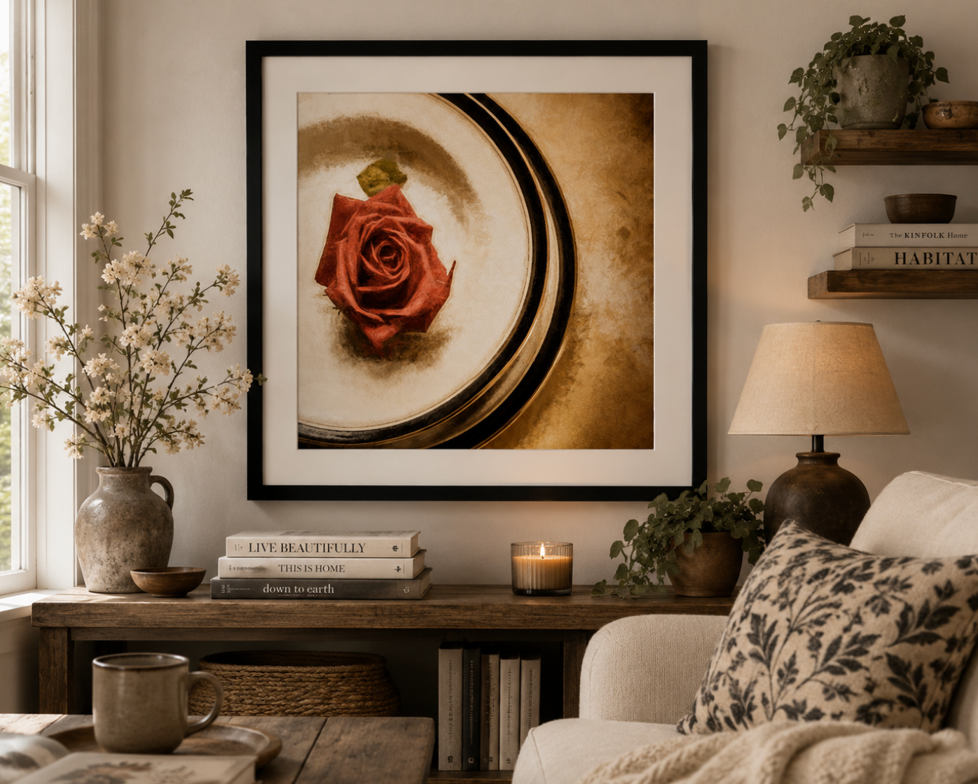Serving Beauty – Handcrafted Fine Art Rose Photography Print | Original Pixel-Edited Floral Still Life | Elegant Cottagecore & Neutral Home Wall Art | Instant Digital Download