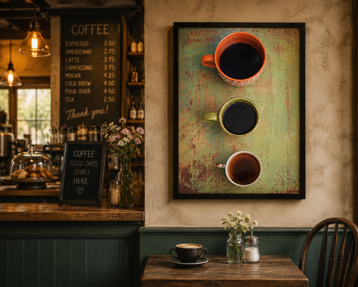 The Three of Us – Handcrafted Fine Art Coffee Photography Print | Original Pixel-Edited Family Story Still Life | Cozy Kitchen & Coffee Bar Wall Art | Instant Digital Download