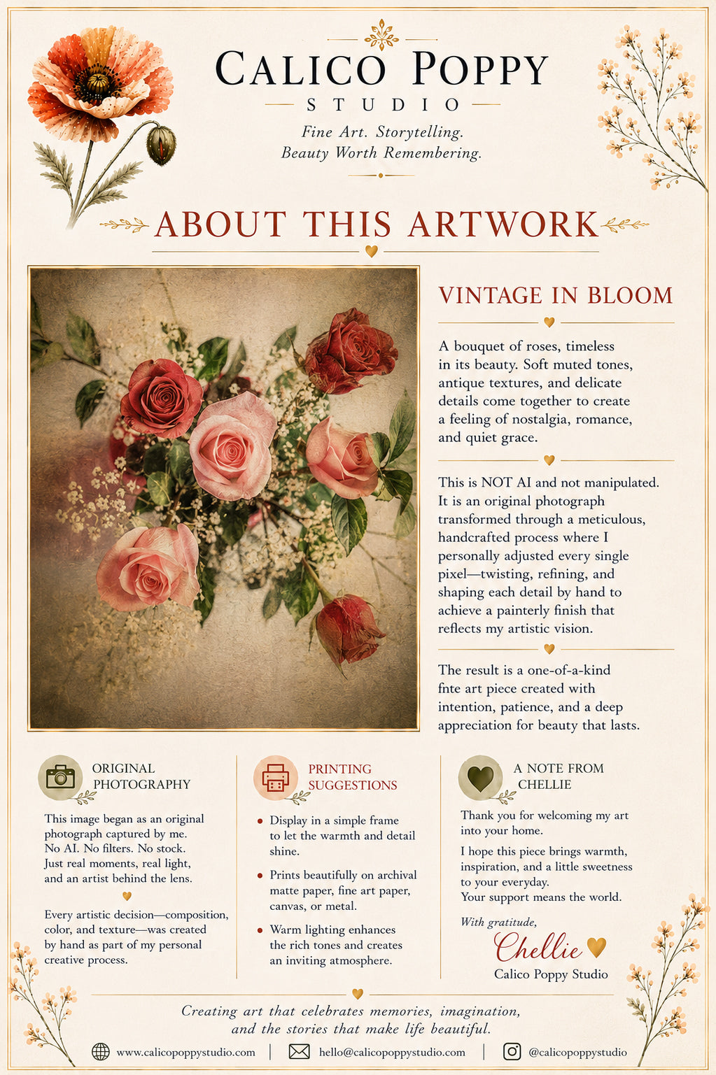 Vintage in Bloom – Romantic Vintage Rose Bouquet Fine Art Print | Antique Floral Wall Art | Handcrafted Botanical Photography by Calico Poppy Studio