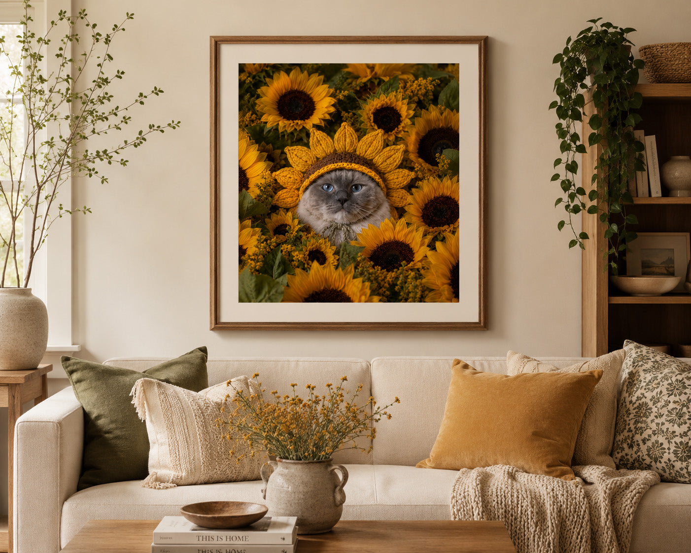 Boris in a Field of Sunnys Printable Cat Wall Art Sunflower Cat Decor Digital download