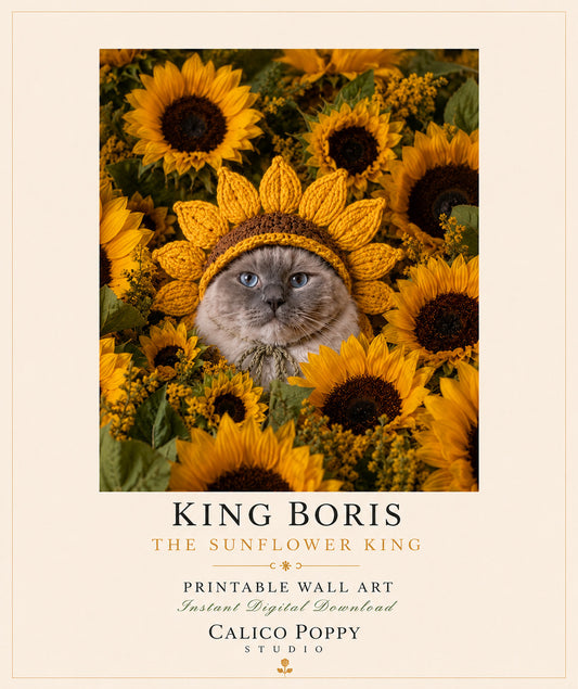 Boris in a Field of Sunnys Printable Cat Wall Art Sunflower Cat Decor Digital download